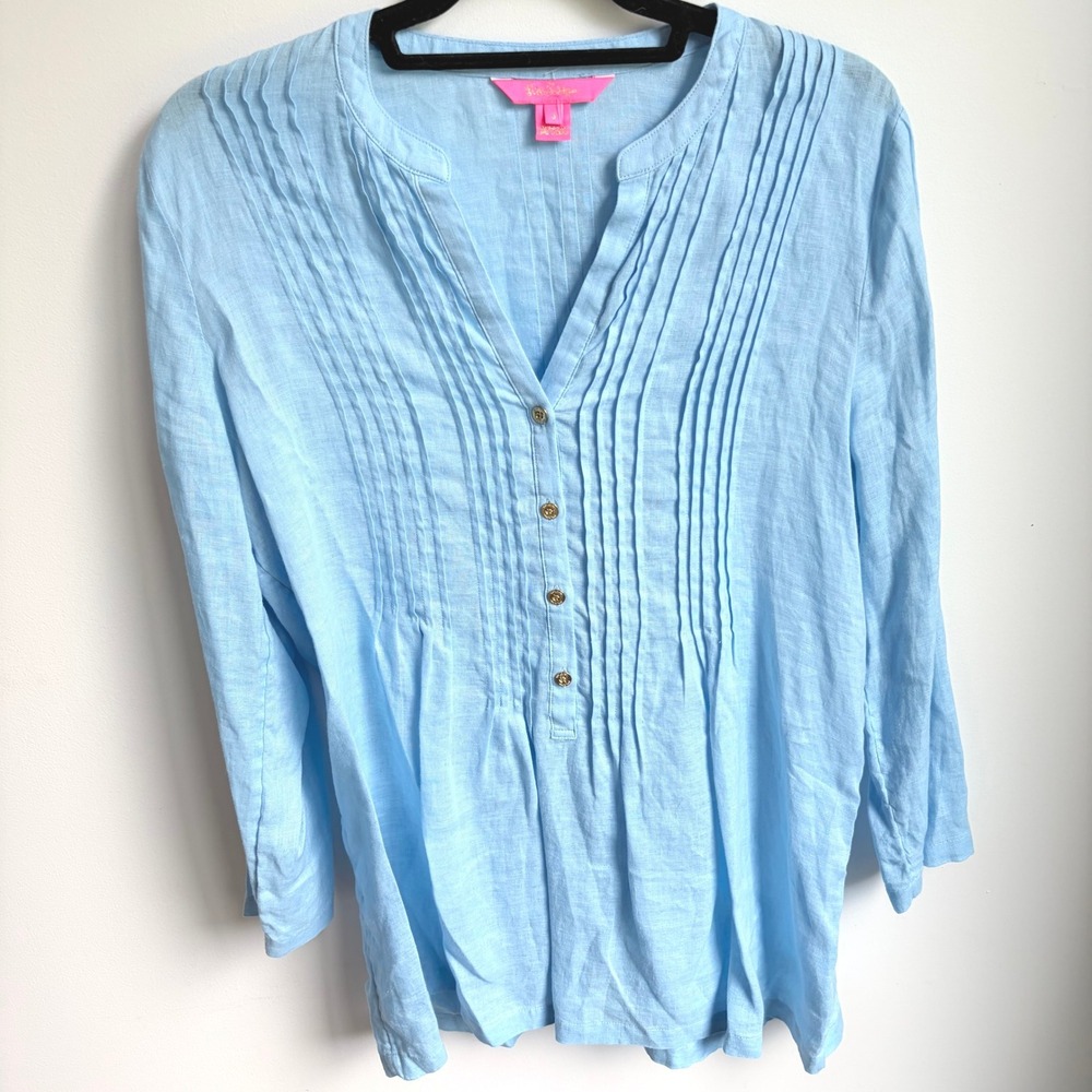 Lilly Pulitzer 100% Linen Elsa Top Small Prep Light Blue Pintuck Blouse Pullover